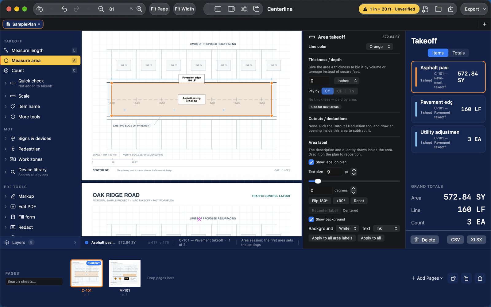 Centerline on a Mac showing a PDF plan with linear, area, and count takeoff measurements